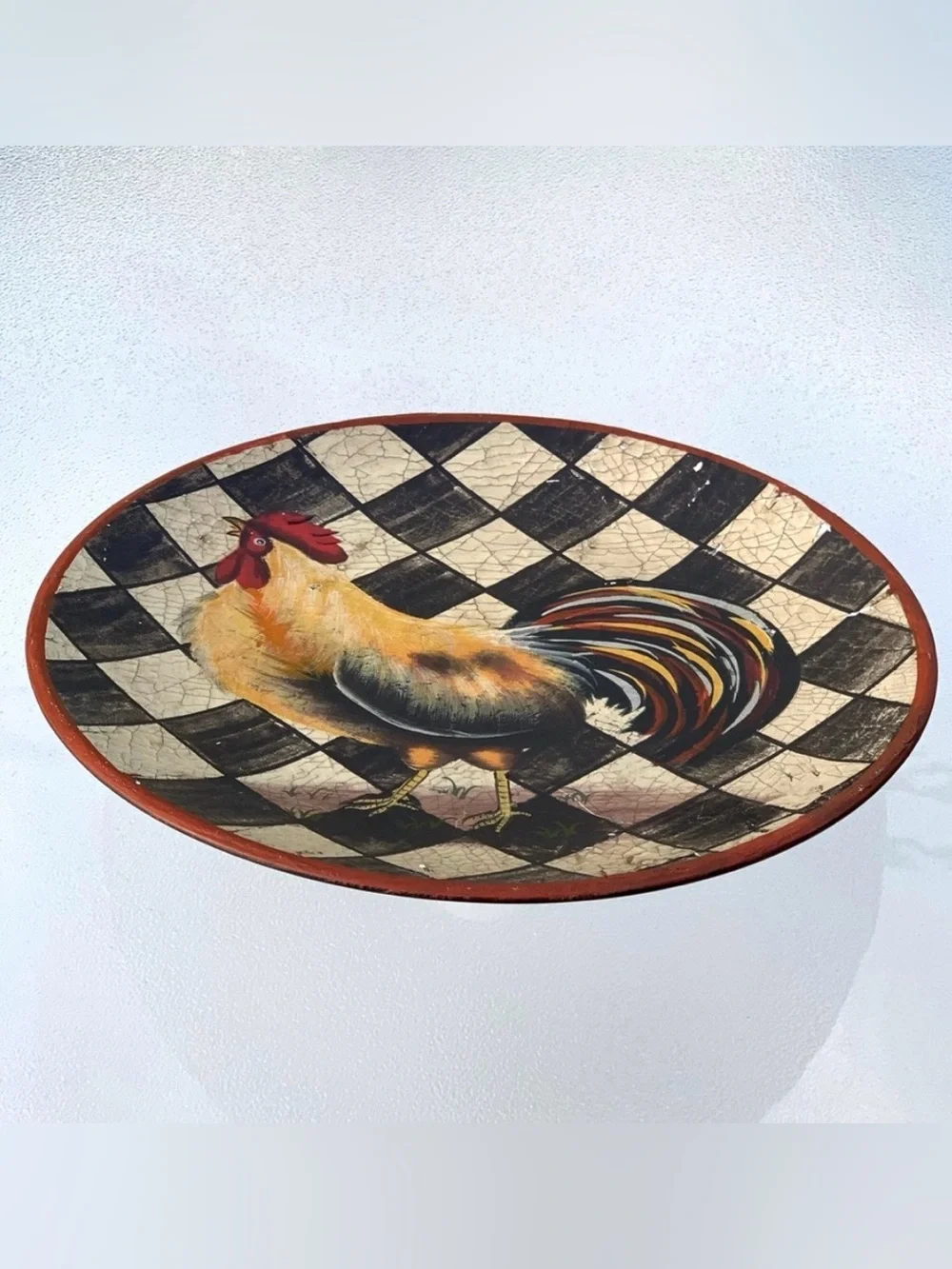 Farmhouse Rooster Checkerboard Ceramic Hand Painted Decorative Plate